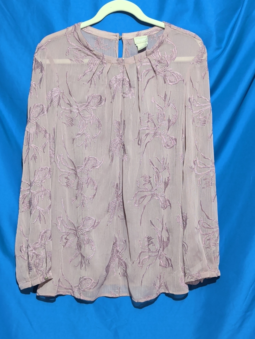 Chico's Size 12/14 Lavender Embroidered Long-Sleeve Blouse
